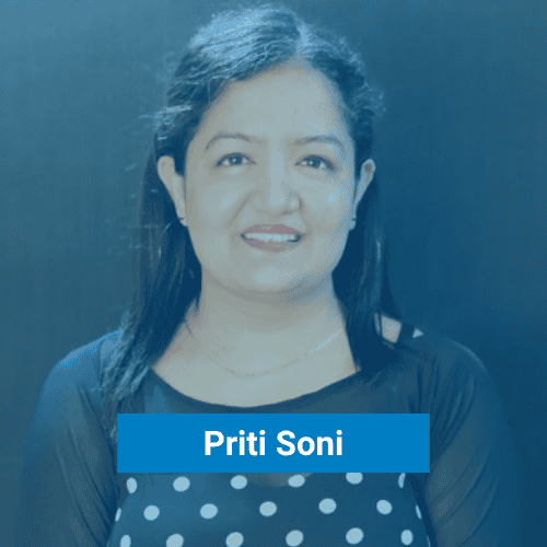 A woman with long dark hair is smiling at the camera, wearing a black top with white polka dots. A blue label at the bottom displays the name "Priti Soni.