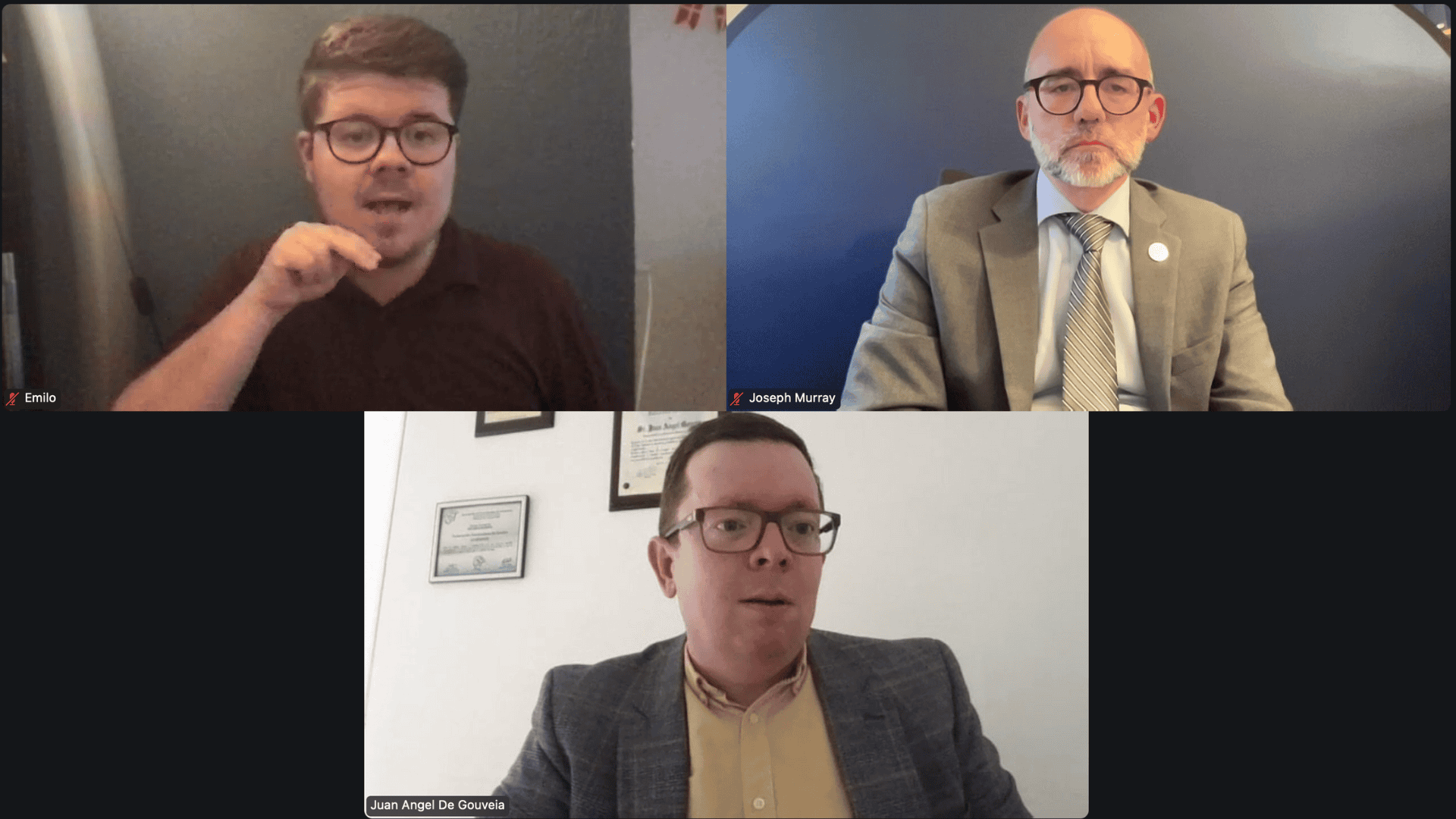 Three men participate in a virtual meeting, each shown in a separate video call window. Two wear suits; one wears glasses and a dark polo shirt. Certificates hang on a wall in the background.