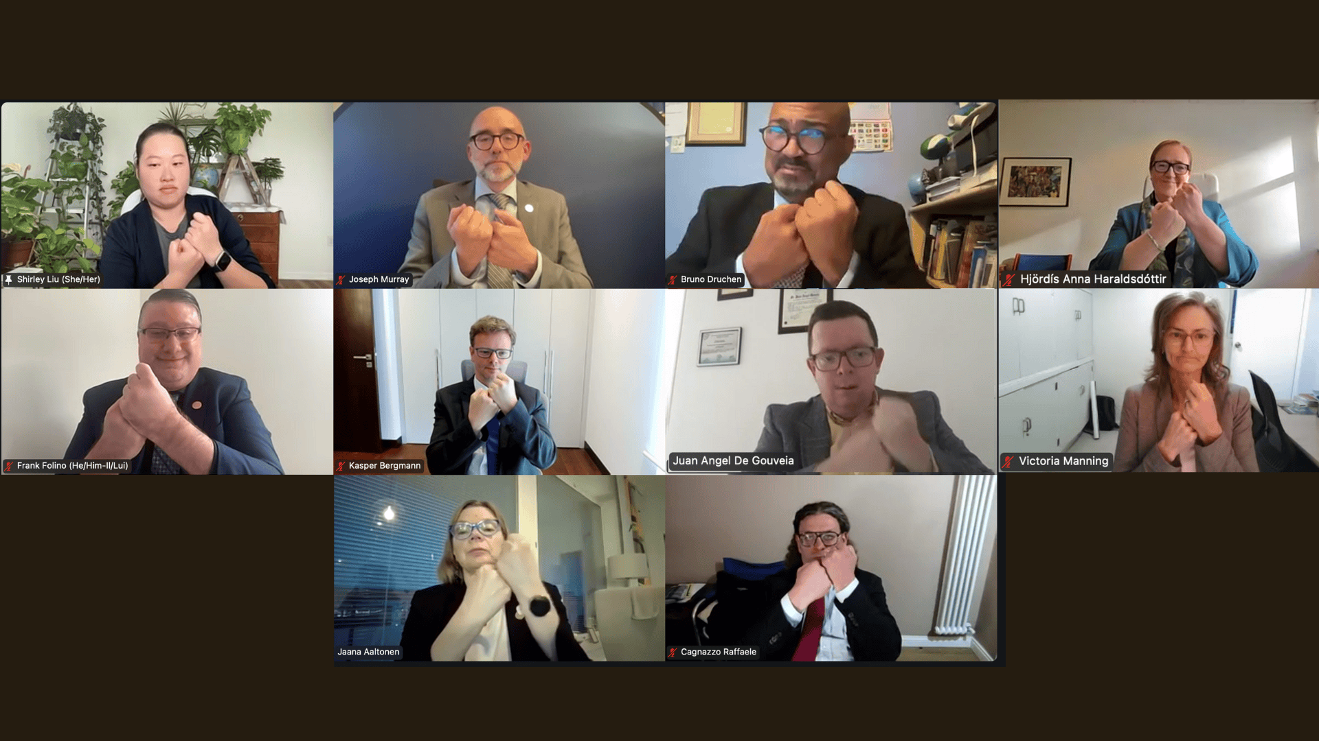 Nine people in a virtual meeting each make an 'X' gesture with their hands, while a sign language interpreter is present in the top left corner.