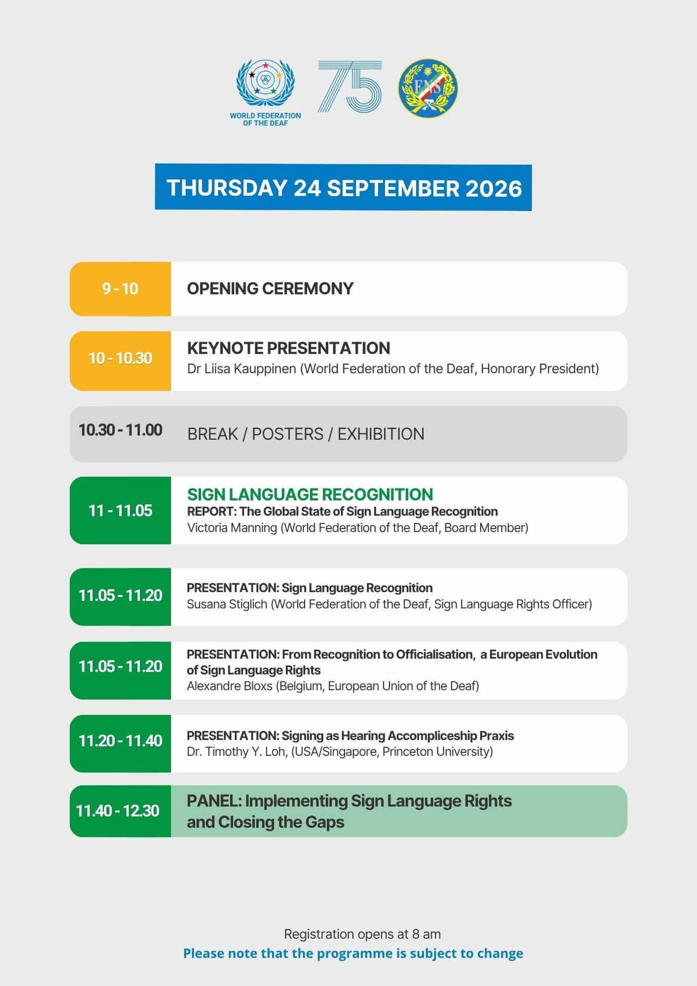 Conference agenda listing sessions on sign language rights, recognition, and implementation, scheduled for Thursday, 24 September 2026, with times, speakers, and session titles.