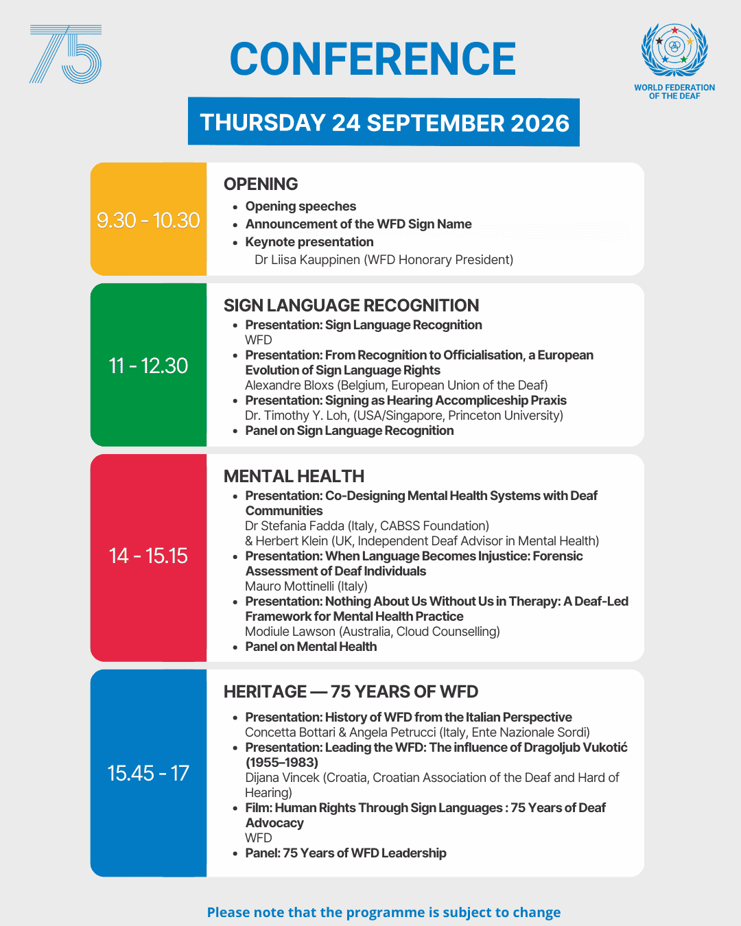 Conference schedule for Thursday 24 September 2026 with sessions on sign language recognition, mental health, and WFD history, including times and presenters’ names.