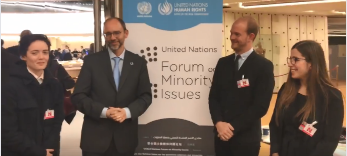 Picture 1: WFD Vice President Joseph Murray, WFDYS President Mark Berry,deaf member Esther Vinas Olivero, and CODA (Child of a Deaf Adult) Marco Olsen at the 10th Annual UN Minority Forum in Geneva, Switzerland.