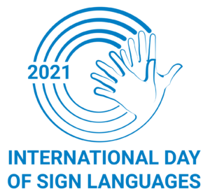 Blue logo with overlapping hand outlines, circular lines, the year "2021," and the text "International Day of Sign Languages" below.