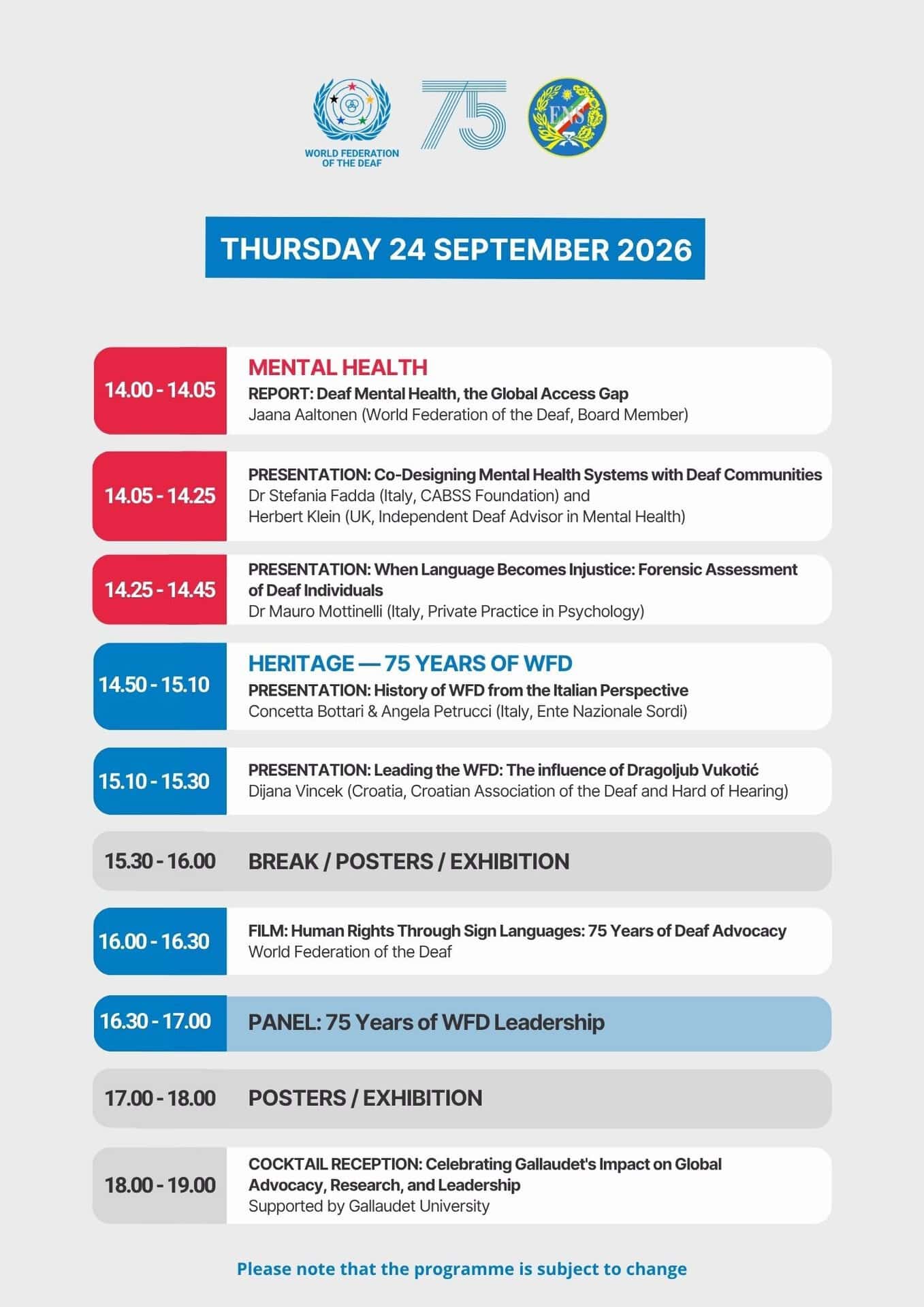 Timetable for Thursday, 24 September 2026, listing events on mental health and 75 years of WFD, including panels, film screening, and poster exhibitions.