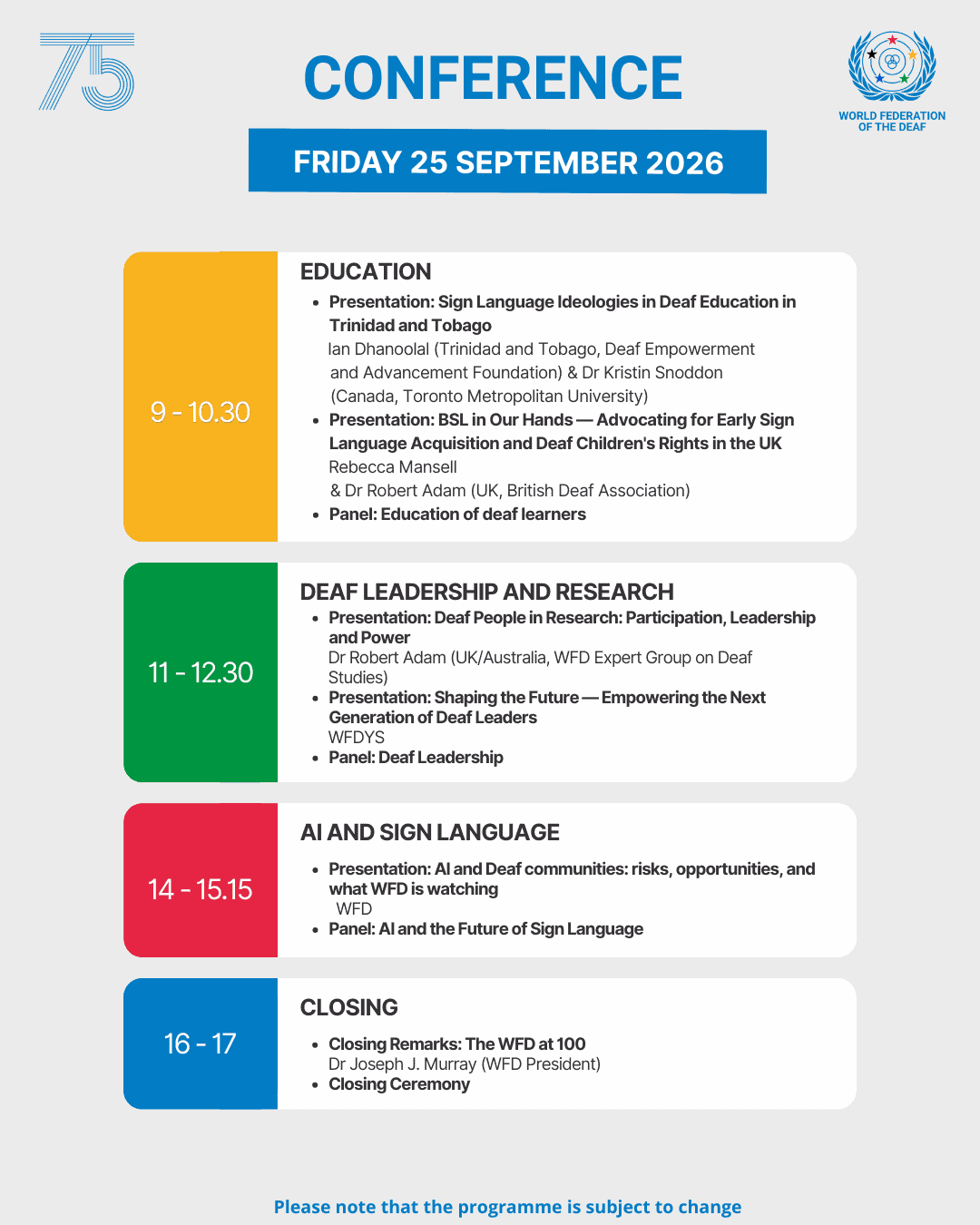 Conference schedule for Friday, 25 September 2026, listing session times, topics, speakers, and a note that the programme is subject to change.