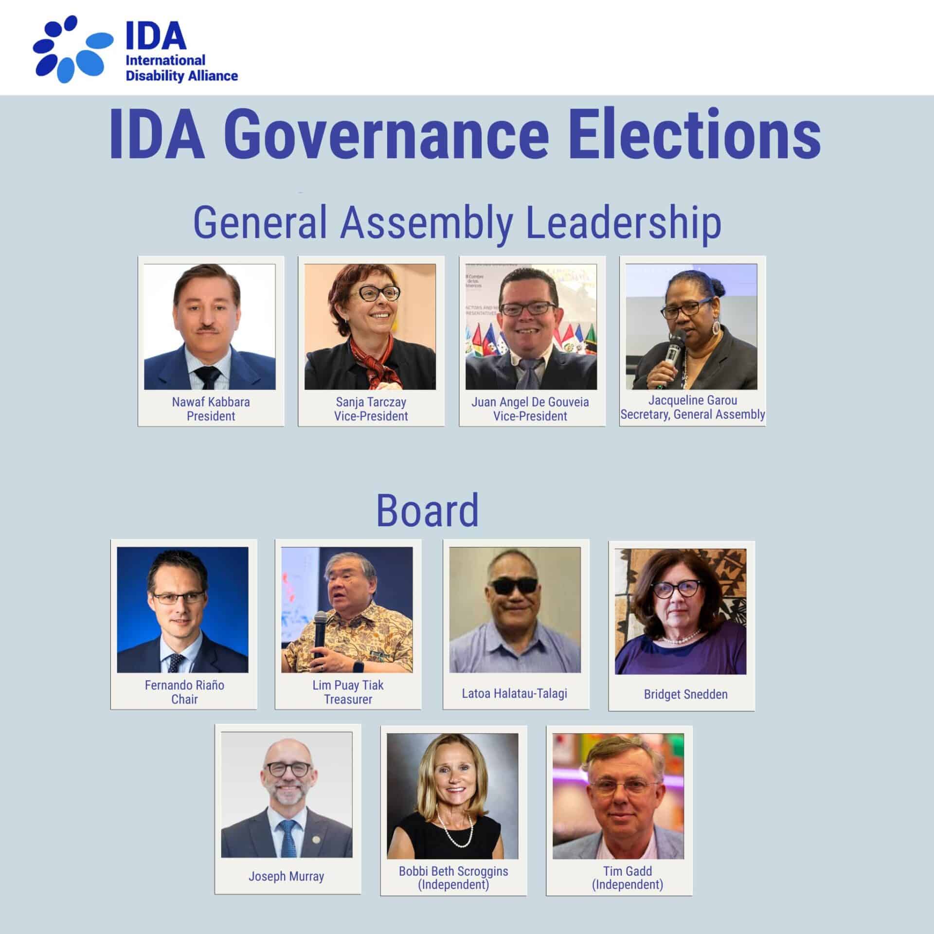 A graphic showing photos and titles of the IDA Governance Elections General Assembly Leadership and Board members, including their names and positions.