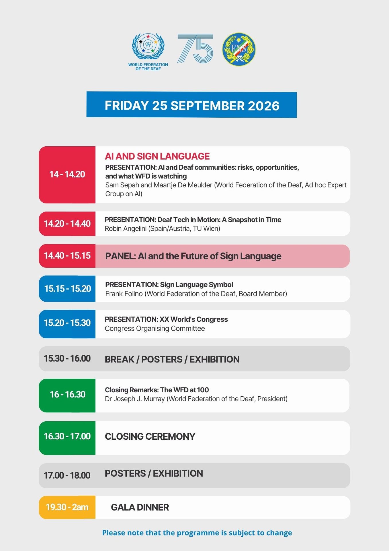 Event schedule for Friday, 25 September 2026, showing sessions on AI, sign language, and Deaf communities, with times, presenters, and breaks listed in colour-coded blocks.