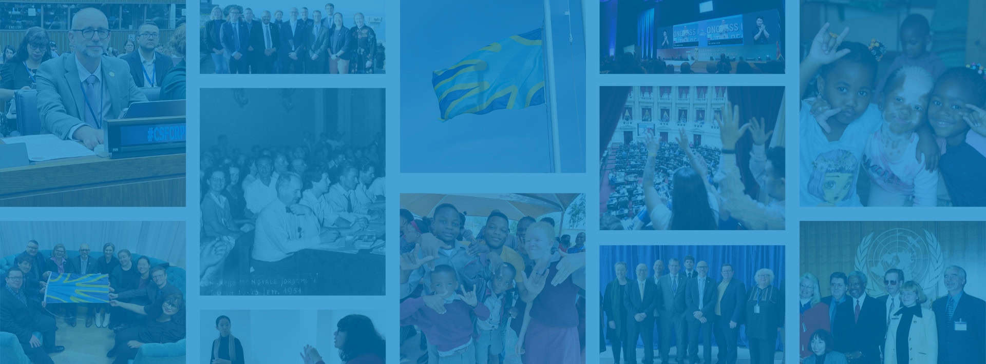 Collage of images including people in meetings, children waving, and a flag.
