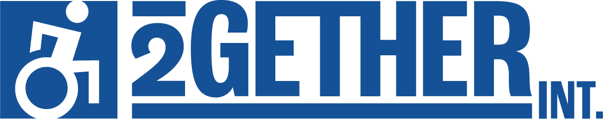 Blue logo with a wheelchair symbol followed by the text "2GETHER INTL." in large capital letters.