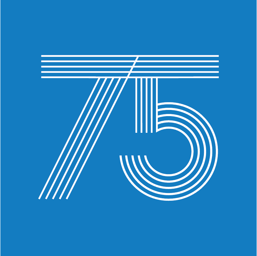 White geometric lines form the number 75 on a solid blue background.