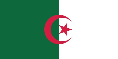 Flag of Algeria with a green and white vertical split, featuring a red crescent and star in the center.