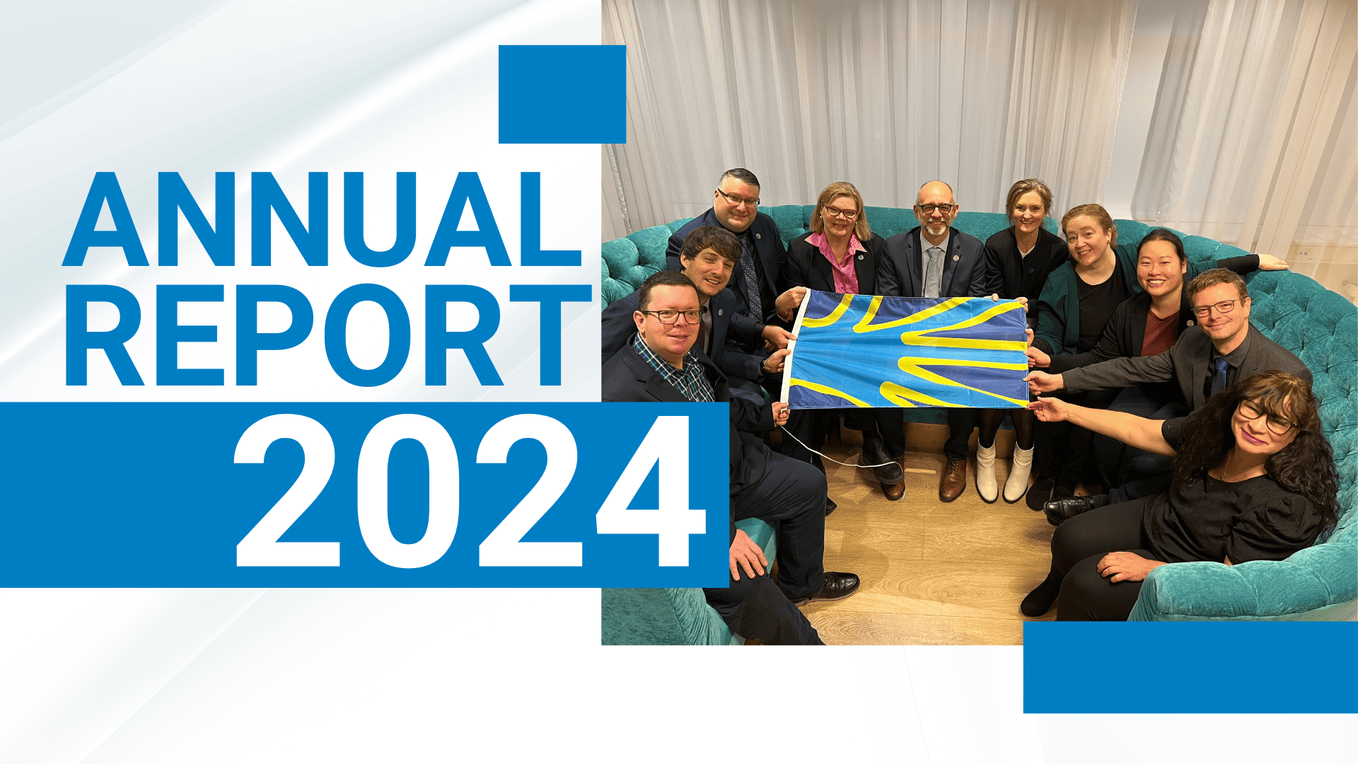 A group of people sitting on a teal couch holding a blue and yellow abstract artwork. "Annual Report 2024" text is on the left.