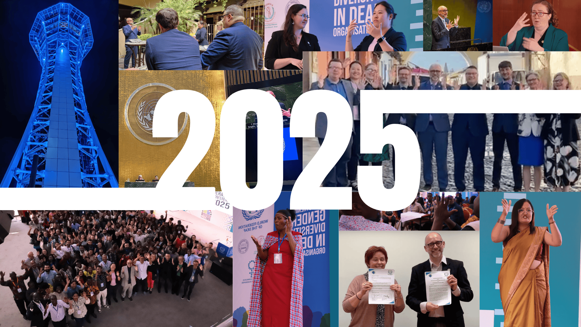 A collage of people at conferences, signing documents, giving speeches, and posing, overlaid with the large text "2025" and an image of a blue tower on the left.