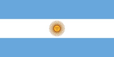 Flag of Argentina with three horizontal stripes in light blue, white, and light blue. The white stripe features a golden sun with a face in the center.