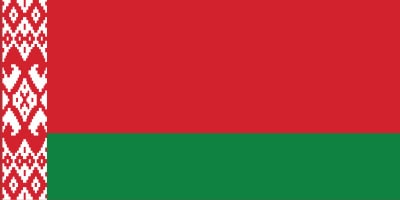 Flag of Belarus with red and green horizontal stripes and a traditional red and white ornamental pattern on the left side.