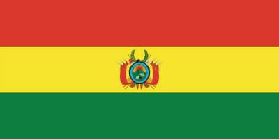 The flag of Bolivia with horizontal red, yellow, and green stripes, featuring the national coat of arms in the center of the yellow stripe.