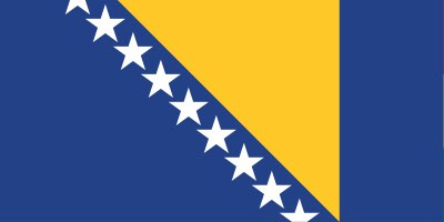 Flag of Bosnia and Herzegovina featuring a yellow triangle on the right with white stars along a diagonal blue stripe.