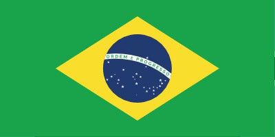 Brazilian flag with a green background, yellow diamond, and blue globe featuring white stars and the motto "Ordem e Progresso.