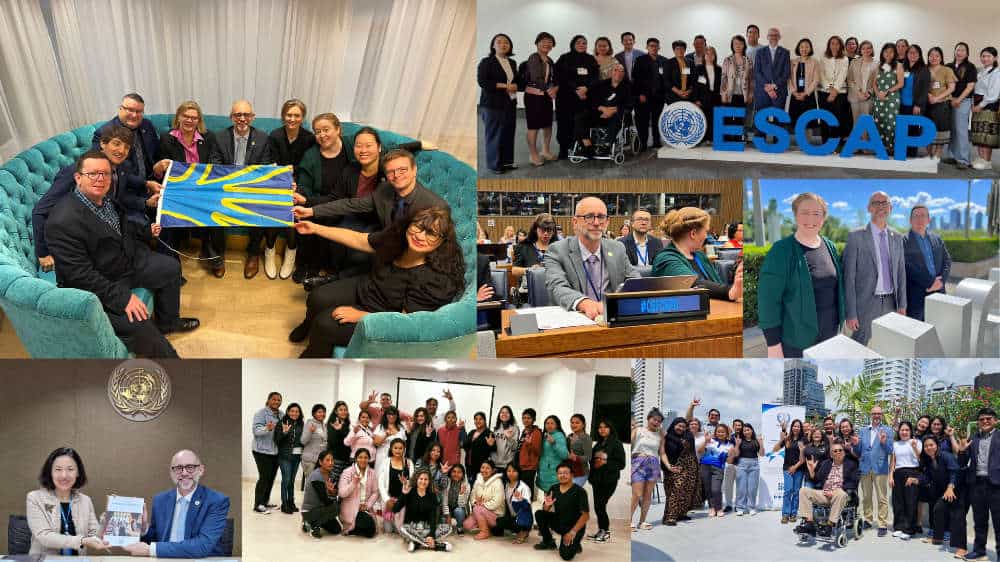 Collage of group photos featuring people in formal and casual settings, participating in meetings and events, including a large ESCAP sign and a United Nations symbol.
