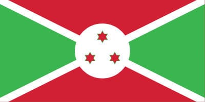 The flag of Burundi with a white diagonal cross, red fields on top and bottom, green fields on sides, and a central white circle with three red stars outlined in green.