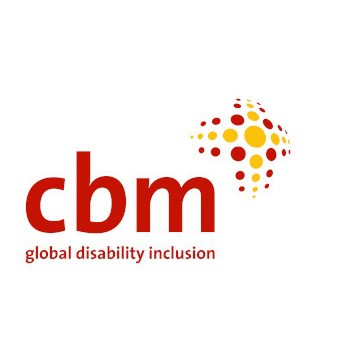 CBM logo with red and yellow dots forming a globe shape. Text reads "cbm global disability inclusion.