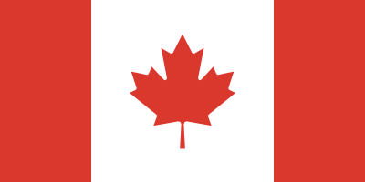 The flag of Canada, featuring a red maple leaf centered on a white square, flanked by two vertical red rectangles.