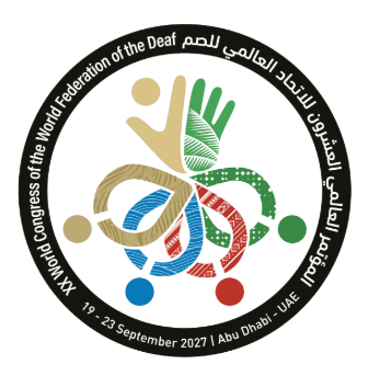 Logo of the XIX World Congress of the World Federation of the Deaf, with abstract figures and text in English and Arabic; event is in Abu Dhabi, UAE, from 19-23 September 2027.