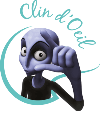 Animated blue character making a gesture, with the text "Clin d'Oeil" above.