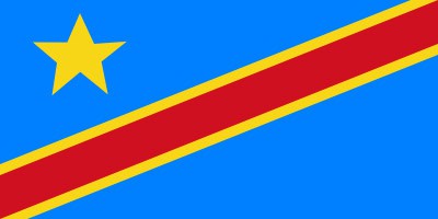 Flag of the Democratic Republic of the Congo: blue background, yellow star in the top left, and a red diagonal stripe bordered by yellow.