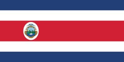 The flag of Costa Rica with horizontal stripes of blue, white, red, white, and blue. The national coat of arms is in the center of the red stripe.