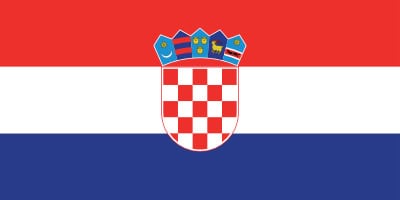 The flag of Croatia featuring horizontal stripes of red, white, and blue with a central coat of arms displaying a red and white checkerboard shield topped by five smaller shields.