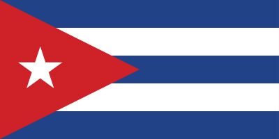 Cuban flag with five alternating blue and white stripes, a red triangle on the left containing a white star.