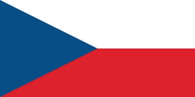 Flag of the Czech Republic with blue triangle on the left and two horizontal stripes, white on top and red on the bottom.
