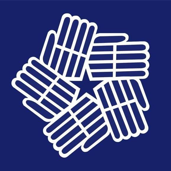Stylized white hands forming a star shape on a blue background.