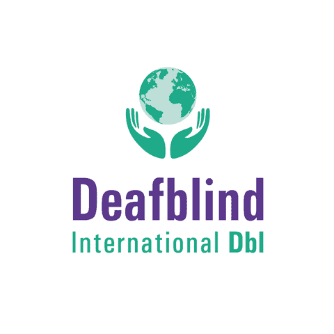 Logo of Deafblind International showing two green hands holding a globe, with purple and green text below.
