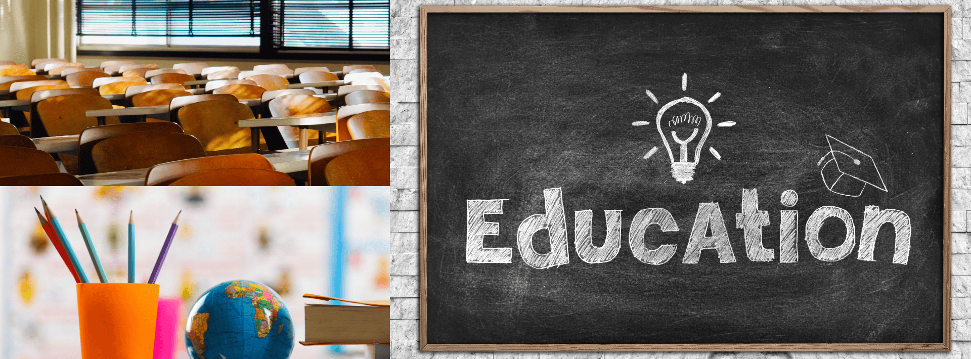 A classroom with empty desks, a cup holding colored pencils next to a globe, and a chalkboard with "Education" written and simple doodles.