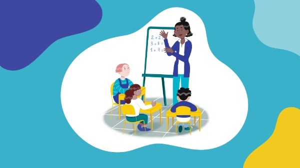 Illustration of a teacher explaining math on a whiteboard to three seated children in a classroom setting.