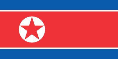Flag of North Korea featuring a red field with a central white circle and red star, flanked by blue stripes at the top and bottom.