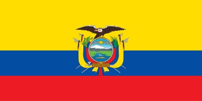 The flag of Ecuador featuring horizontal yellow, blue, and red stripes with the national coat of arms at the center.