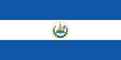 The flag of El Salvador with horizontal blue and white stripes and a central coat of arms featuring a triangle with symbols and surrounding text.