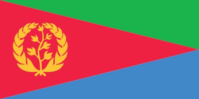 The flag of Eritrea with a red triangle on the left containing a yellow olive wreath and olive branch, a green triangle on top, and a blue triangle at the bottom.