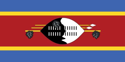 Flag of Eswatini featuring a red field with a black and white shield, two spears, and a staff with tassels, flanked by horizontal blue and yellow stripes.