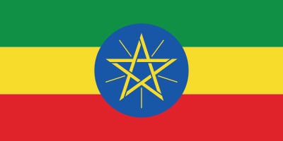Flag of Ethiopia with horizontal green, yellow, and red stripes and a blue circle with a yellow star in the center.