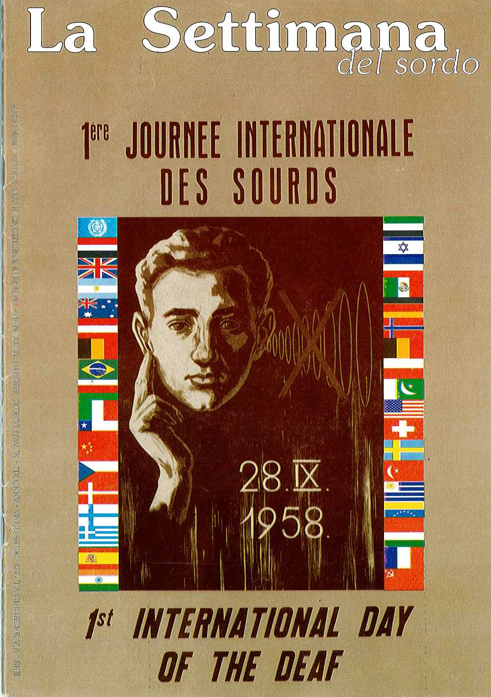 Poster for the 1st International Day of the Deaf, dated 28 IX 1958, featuring flags and an artistic portrait.