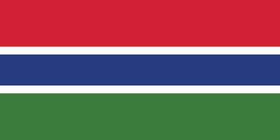 The flag of Gambia features horizontal stripes of red, blue bordered by white, and green.