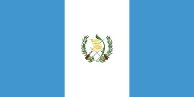Flag of Guatemala: three vertical stripes, blue on either side, white in the middle with a national emblem featuring a quetzal bird, a scroll, crossed rifles, and bay laurel branches.