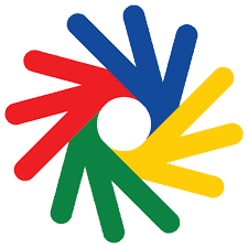 Abstract design with five overlapping hands in red, blue, yellow, and green forming a star shape around a central white circle.