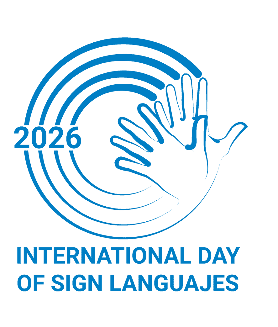 Blue logo with overlapping hands, concentric circles, the year "2026," and text reading "International Day of Sign Languages.
