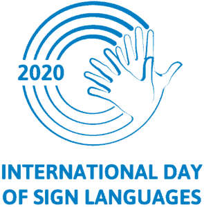 Blue outlined logo with two overlapping hands, concentric circles, "2020," and the text "International Day of Sign Languages" below.