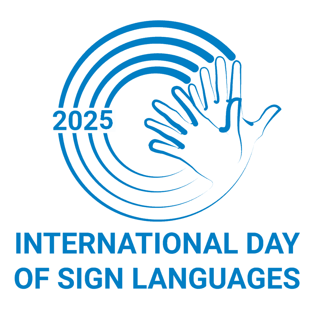 Logo for International Day of Sign Languages 2025, featuring overlapping hand outlines and blue circular lines with the year "2025" in the design.
